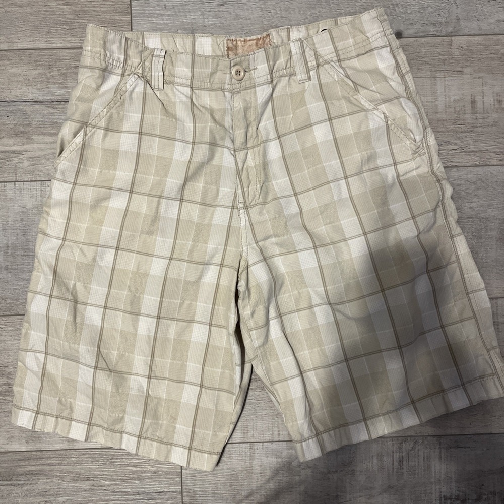 BKE Buckle Men's Shorts 33 Tan Plaid Stretch FLAT FRONT Pocket Athletic Fit Y2K